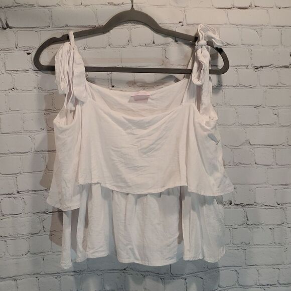 Pink Lily white tie strap cropped ruffle top - Picture 2 of 7